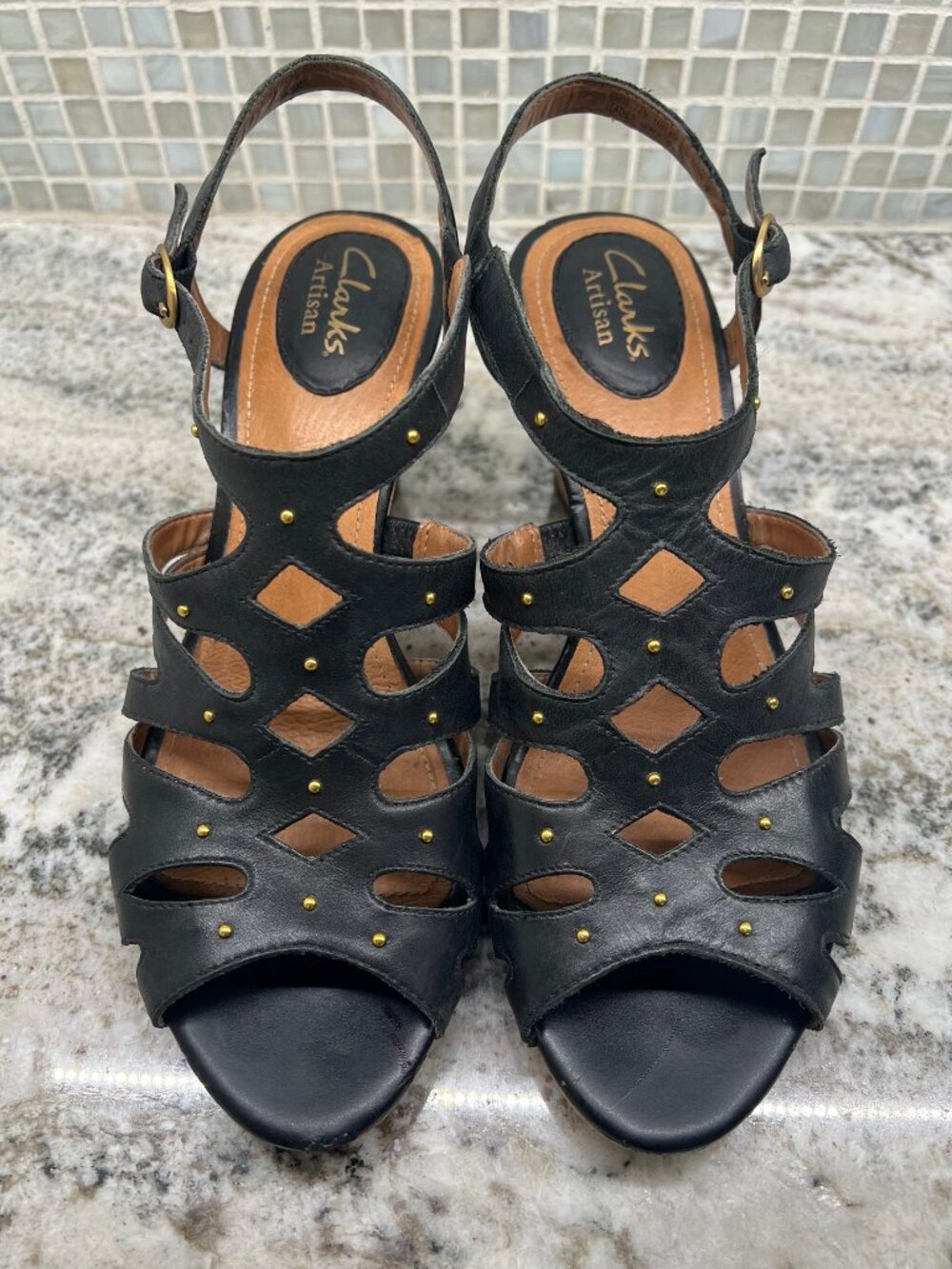 Clarks Artisan Black Leather Cork Wedge Sandals